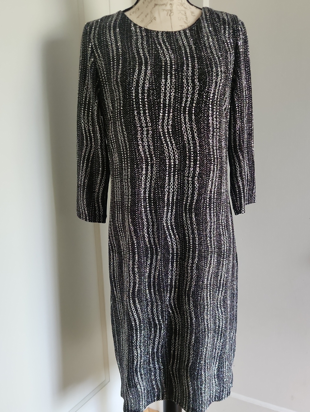 Black and Silver Beaded Long-Sleeve Sheath Dress